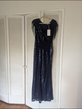 Elegant Navy Sequin Maxi Dress with Fringe Shoulder Detail